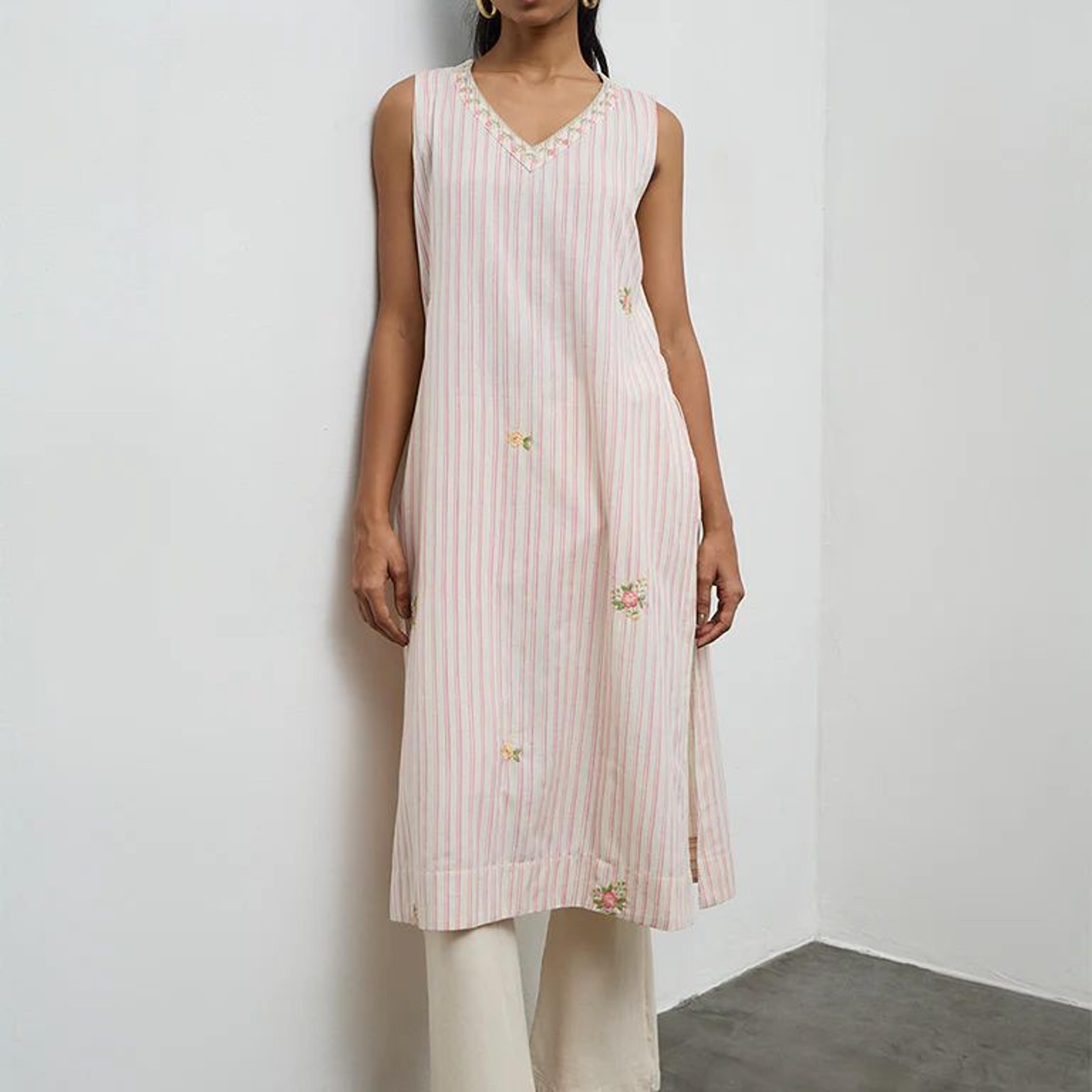 Utsa Light Pink Striped A-Line Cotton-Blend Kurta