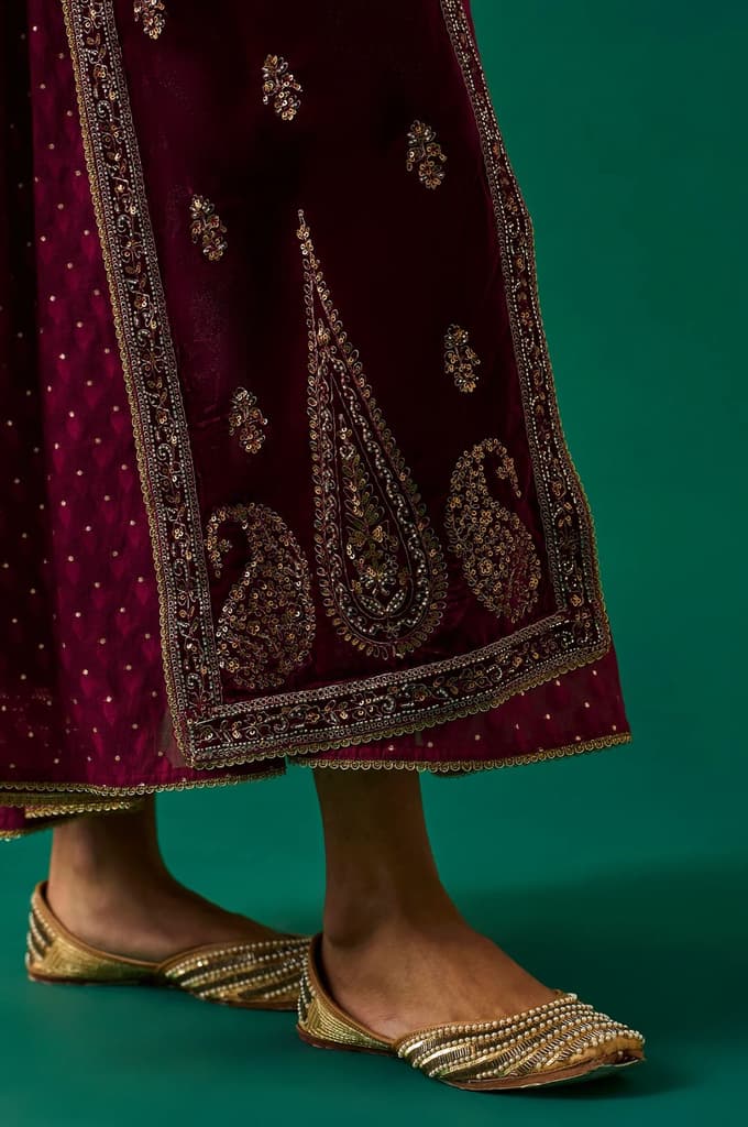 Maroon Embroidered Anarkali Georgette Gilet with Dress and Churidar Set — photo 7