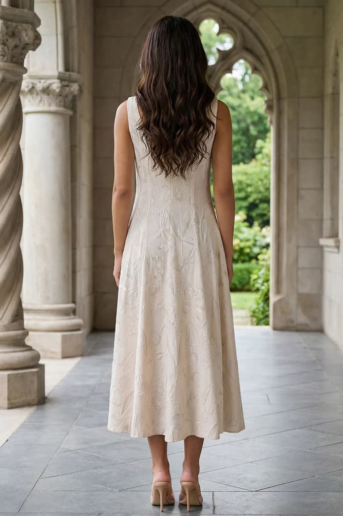 Beige Textured Cotton Blend Embroidered A-line Western Dress — photo 5