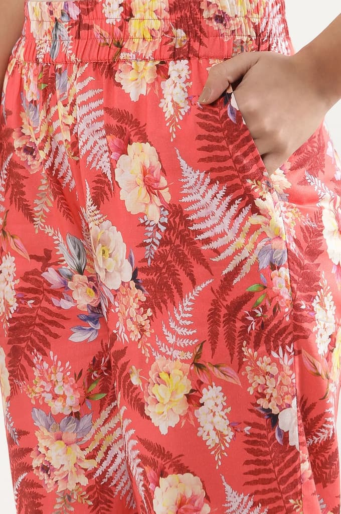Red Floral Printed Wide Leg Cotton Palazzo With Elasticated Waist — photo 9