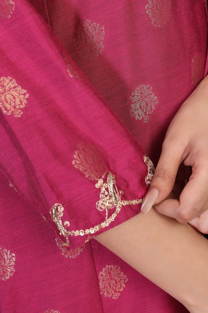 Magenta Embroidered Jacquard A-Line Kurta with Straight Pant and Dupatta Set — photo 9