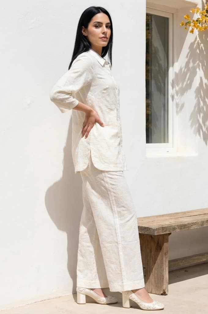 Off White Thread Embroidered Pure Cotton Straight Shirt and Parallel Pants Co-ord Set — photo 5