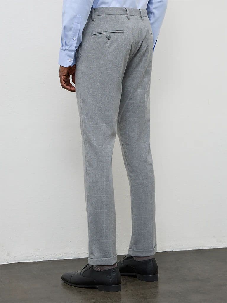 WES Formals Grey Checkered Slim-Fit Mid-Rise Trousers — photo 4