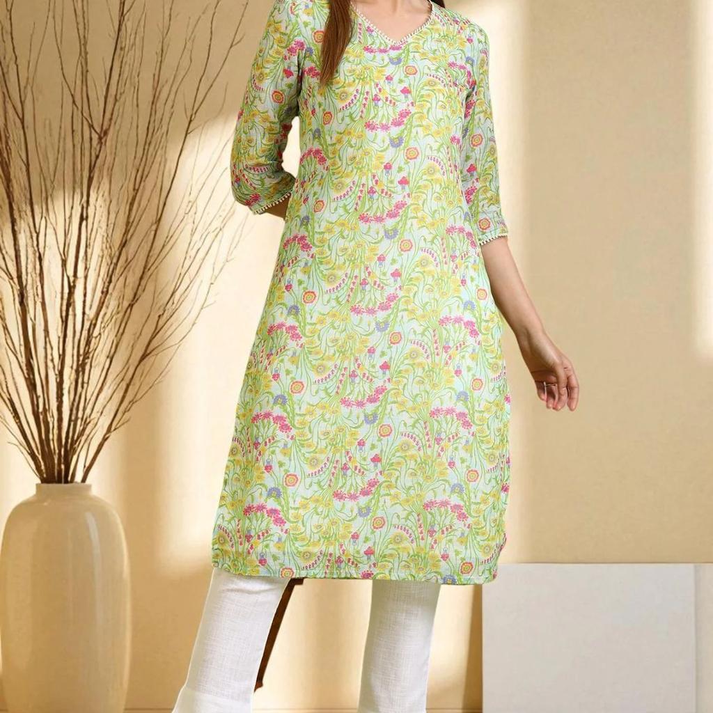 Floral Printed Lace Straight Pure Cotton Kurta