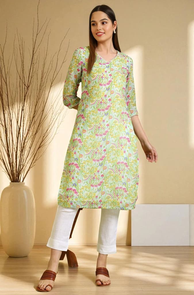 Floral Printed Lace Straight Pure Cotton Kurta — XS