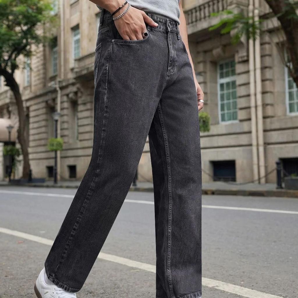 Men's Grey Relaxed Fit Washed Denim Jeans Non-Stretchable