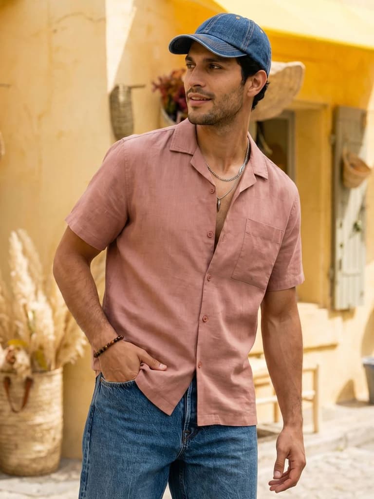 Men's Dusty Pink Linen Half Sleeve Oversized Fit Shirt with Cuban Collar — S / Dusty Pink