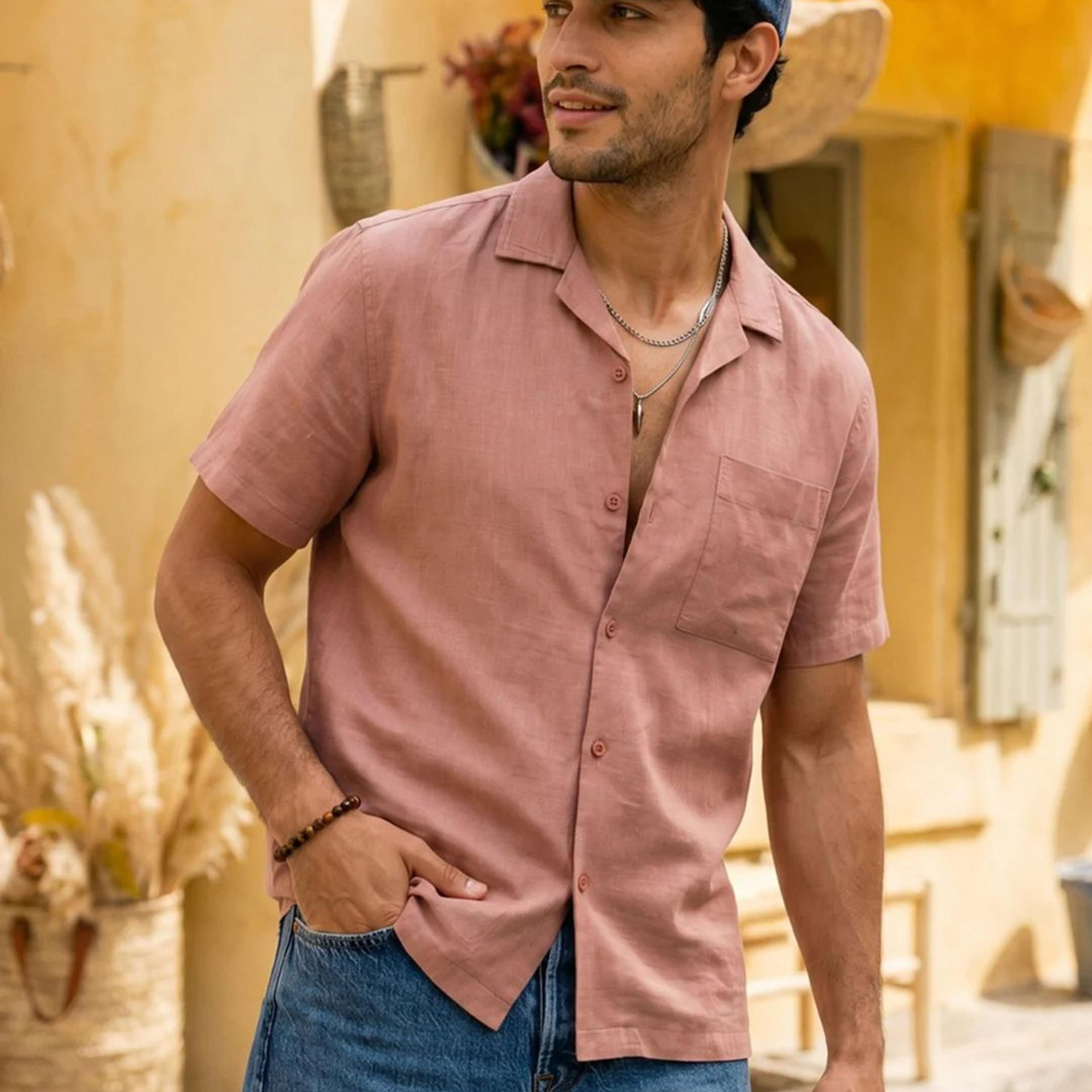 Men's Dusty Pink Linen Half Sleeve Oversized Fit Shirt with Cuban Collar