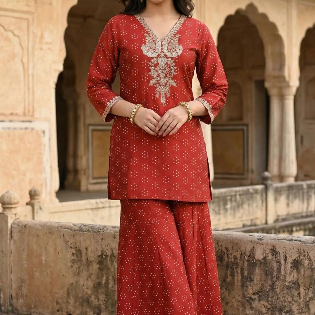 Red Metallic Embroidered Bandhani Straight Kurta
