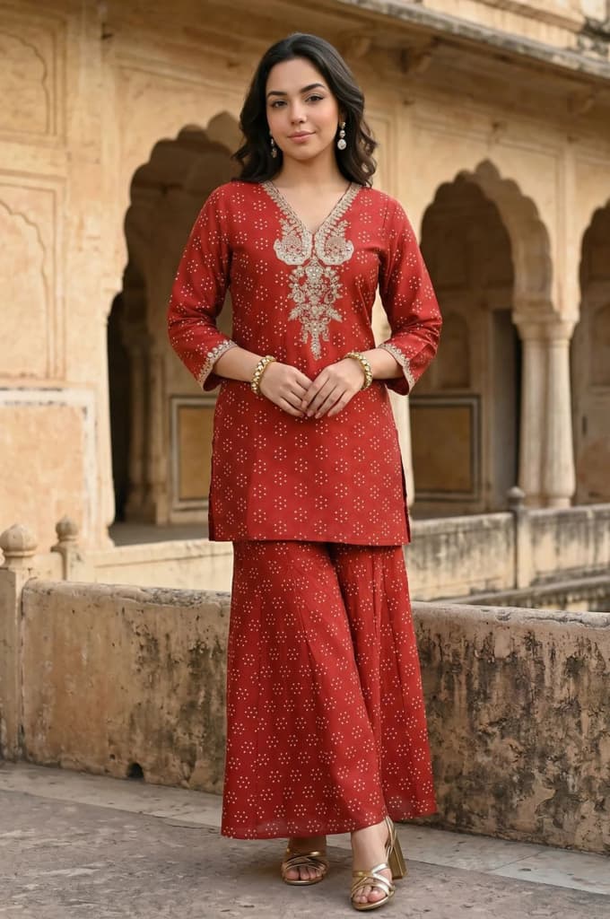 Red Metallic Embroidered Bandhani Straight Kurta — XS
