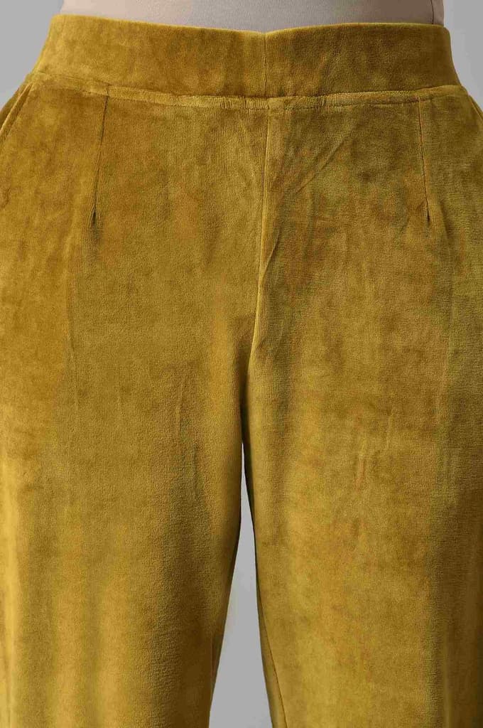 Muted Sage Green Solid Straight Fit Cotton Trousers With Elasticated Waist — photo 6