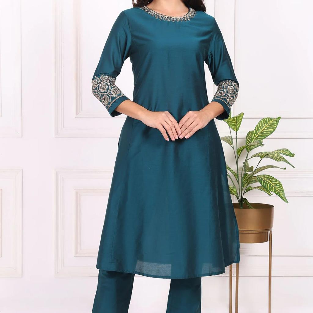 Teal Solid Embroidered Straight Kurta and Straight Pants Set