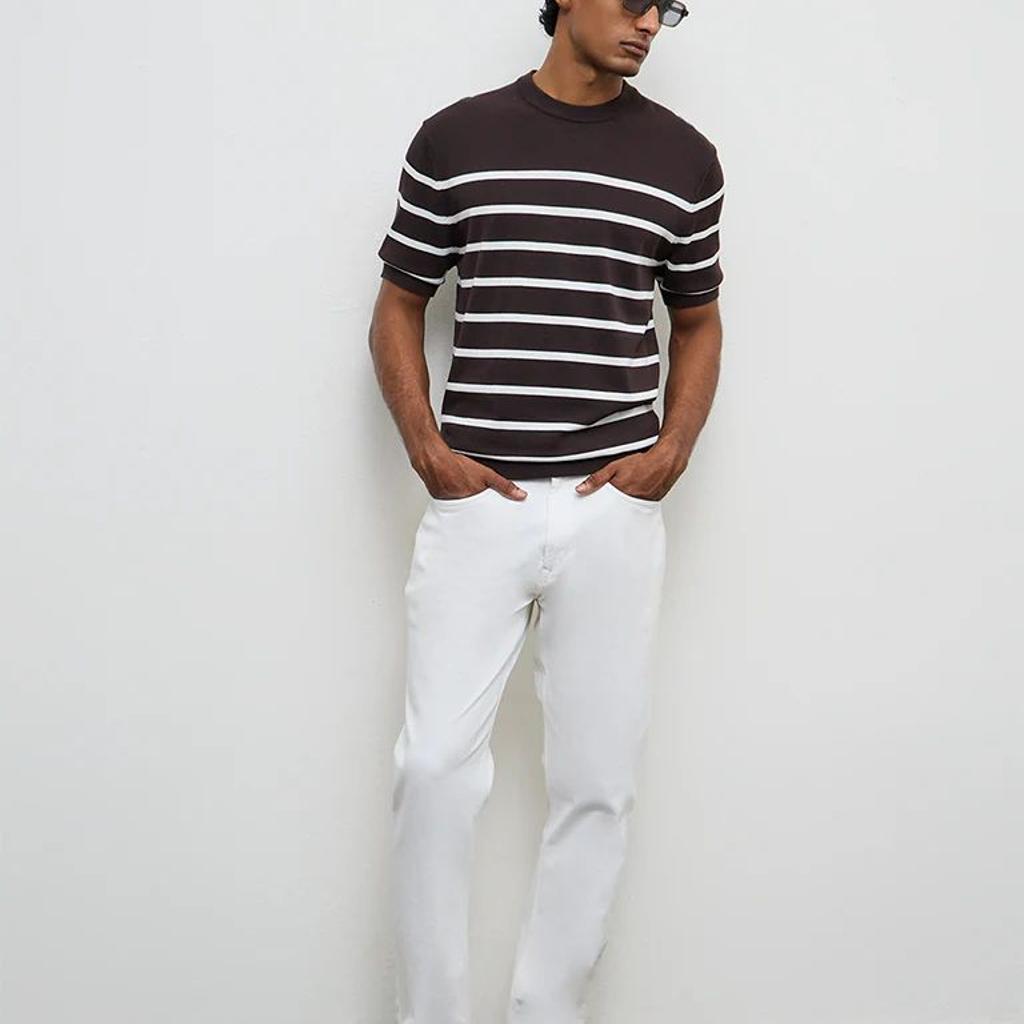 Ascot Dark Brown Striped Relaxed-Fit Cotton T-Shirt