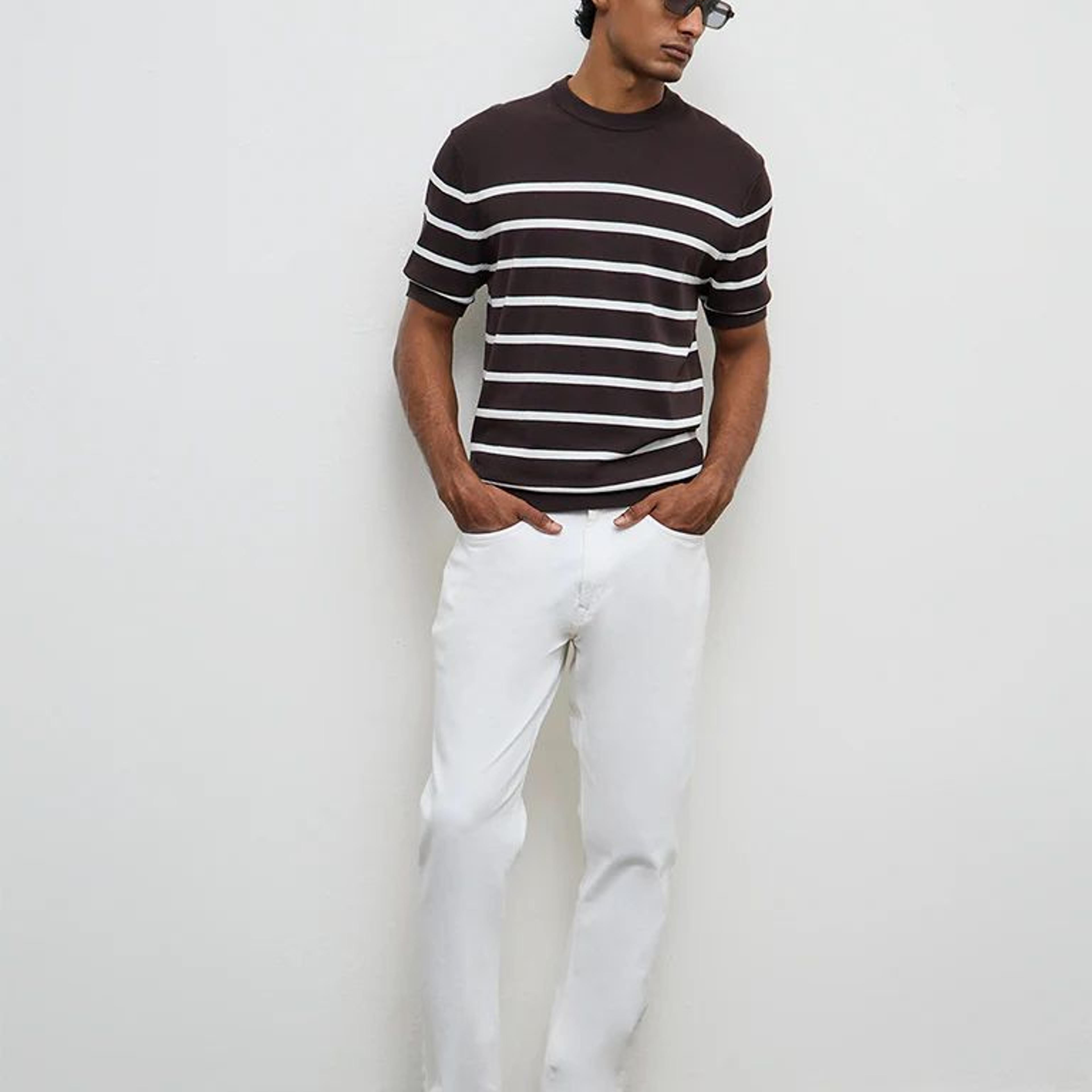 Ascot Dark Brown Striped Relaxed-Fit Cotton T-Shirt