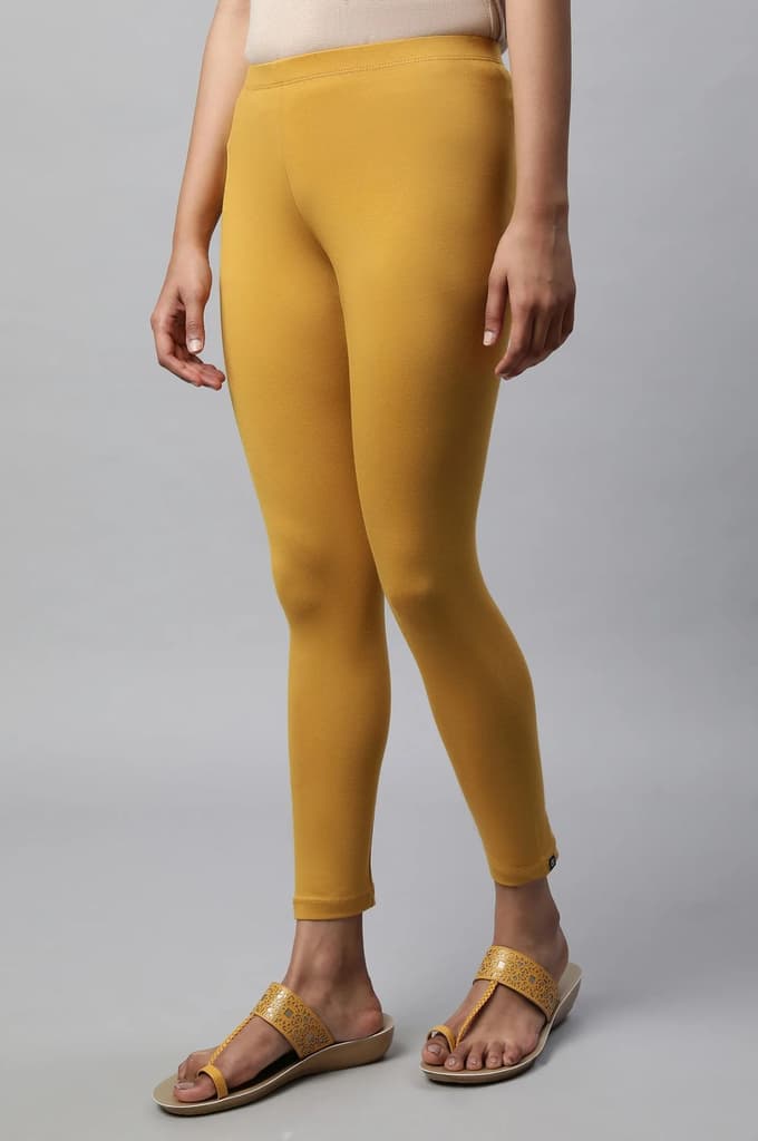Yellow Solid Skinny Fit Cotton Tights With Slip On Closure — photo 3