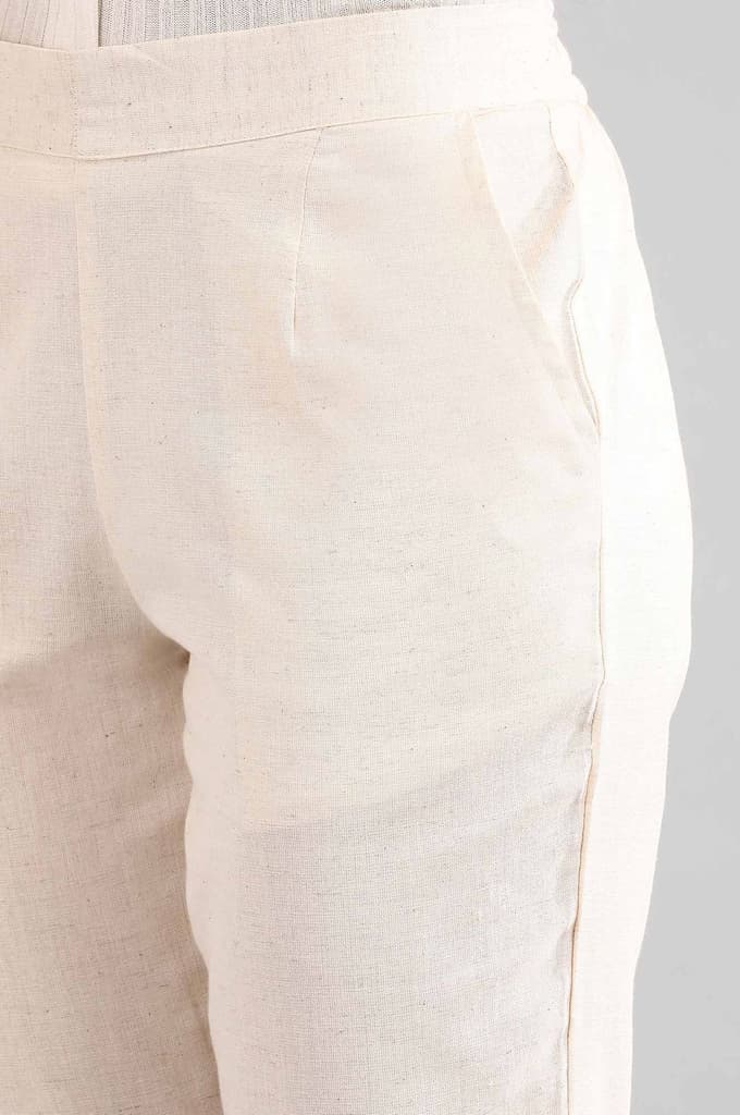Beige Solid Straight Fit Cotton Trousers With Elasticated Back — photo 6