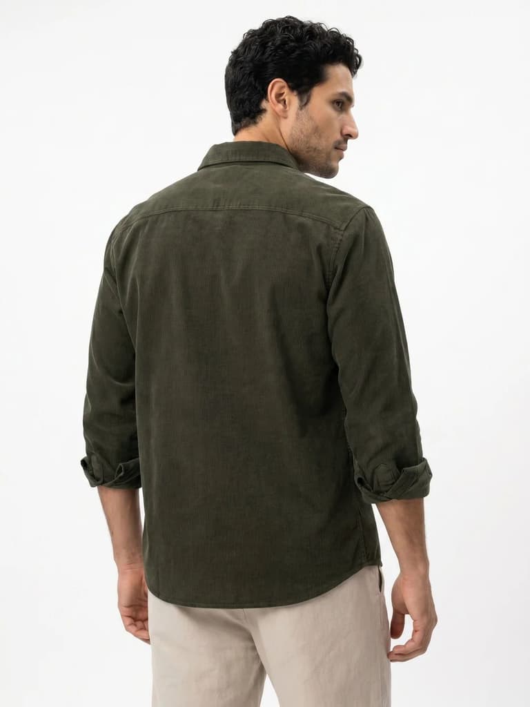 Men's Dark Olive Corduroy Full Sleeve Regular Fit Solid Overshirt with Utility Pockets — photo 3