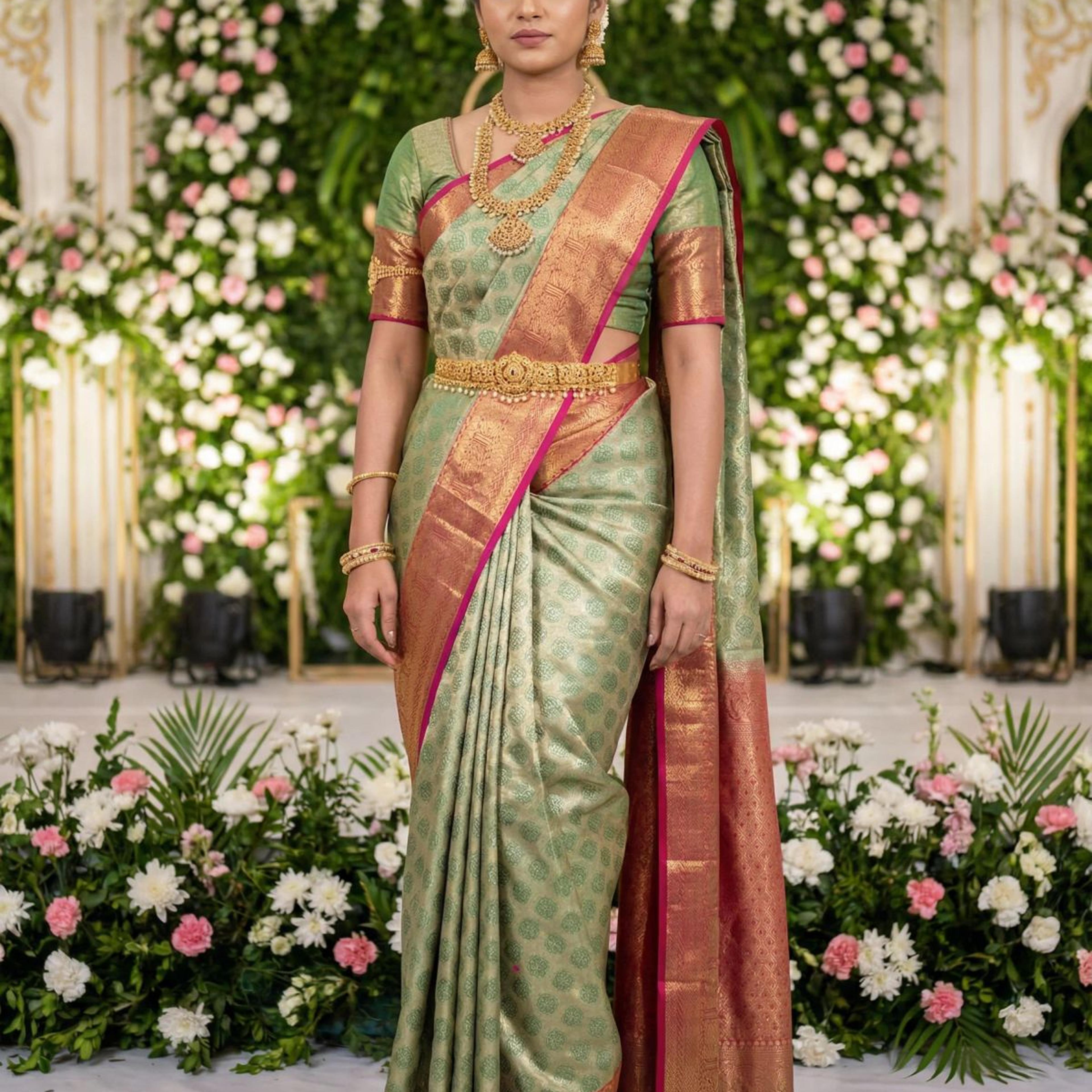 MIMOSA Women's Woven Design Kanjivaram Style Art Silk Saree with Blouse Piece - Green (SA00002734GRNFREE)