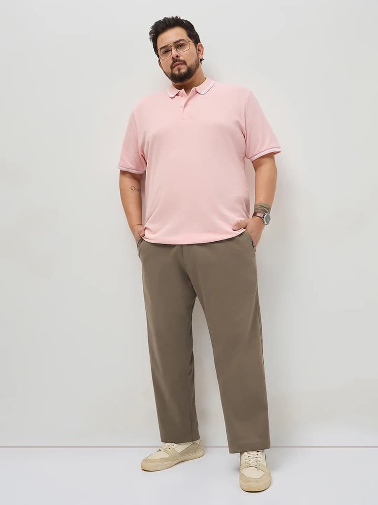 Plus Men's Dark Taupe Straight Fit Mid Rise Cotton Casual Chinos Trousers Stretch — photo 4