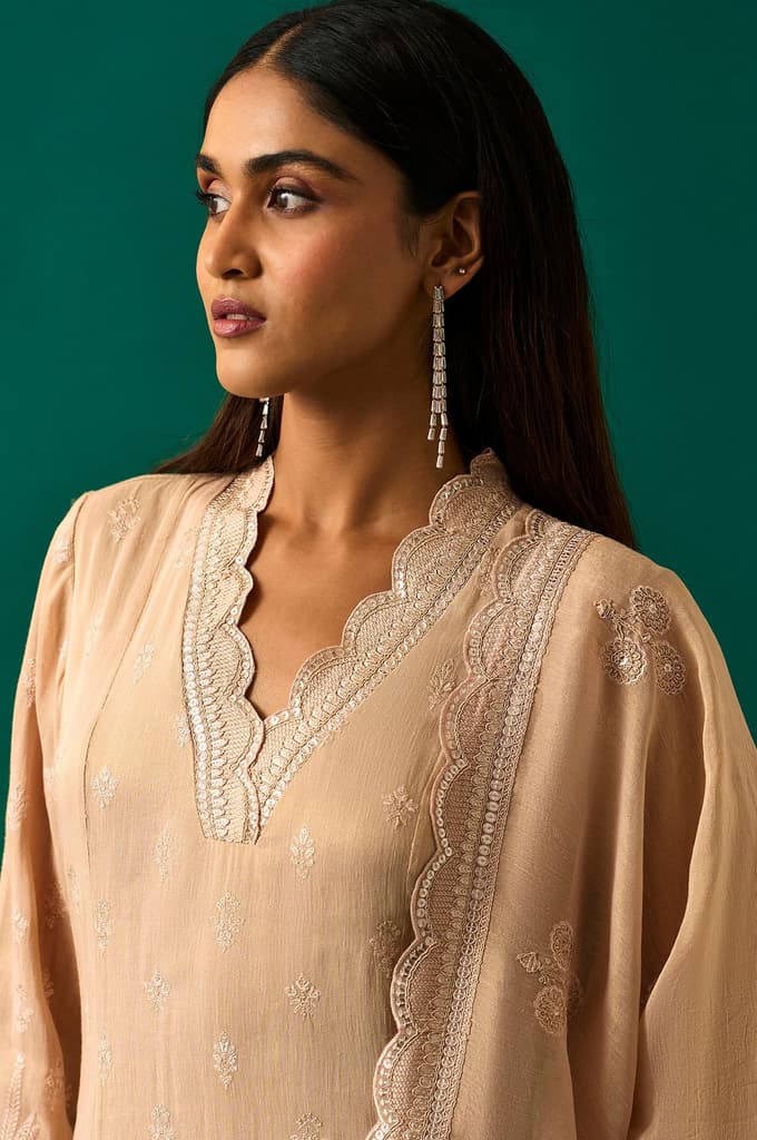 Beige Embroidered Anarkali Kurta with Straight Pant and Dupatta Set — photo 2