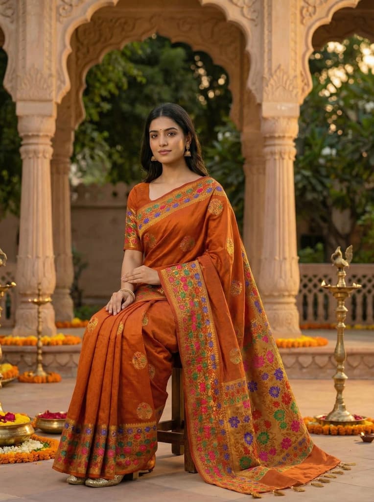 MIMOSA Women's Woven Design Paithani Style Raw Silk Saree with Blouse Piece - Rust ( SA00003127RSFREE ) — photo 4