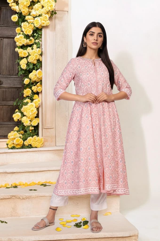 Pink Floral Ethnic Printed Embellished A-Line Rayon Kurta — XS