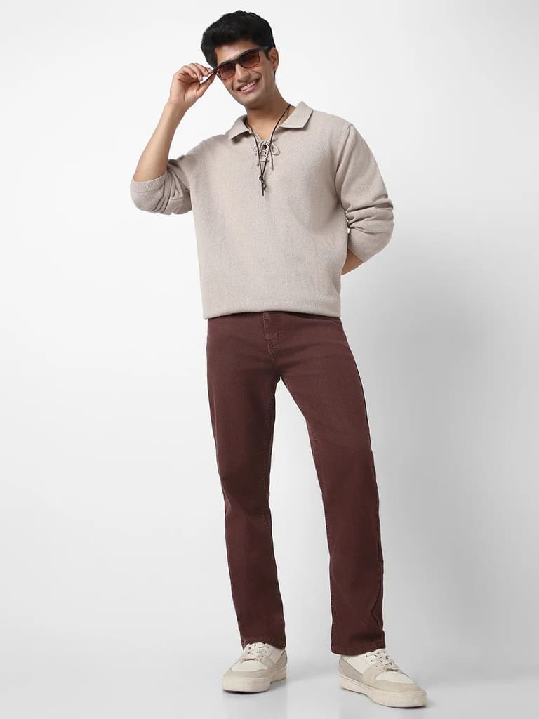 Men's Brown Straight Fit Washed Jeans Stretchable — photo 5