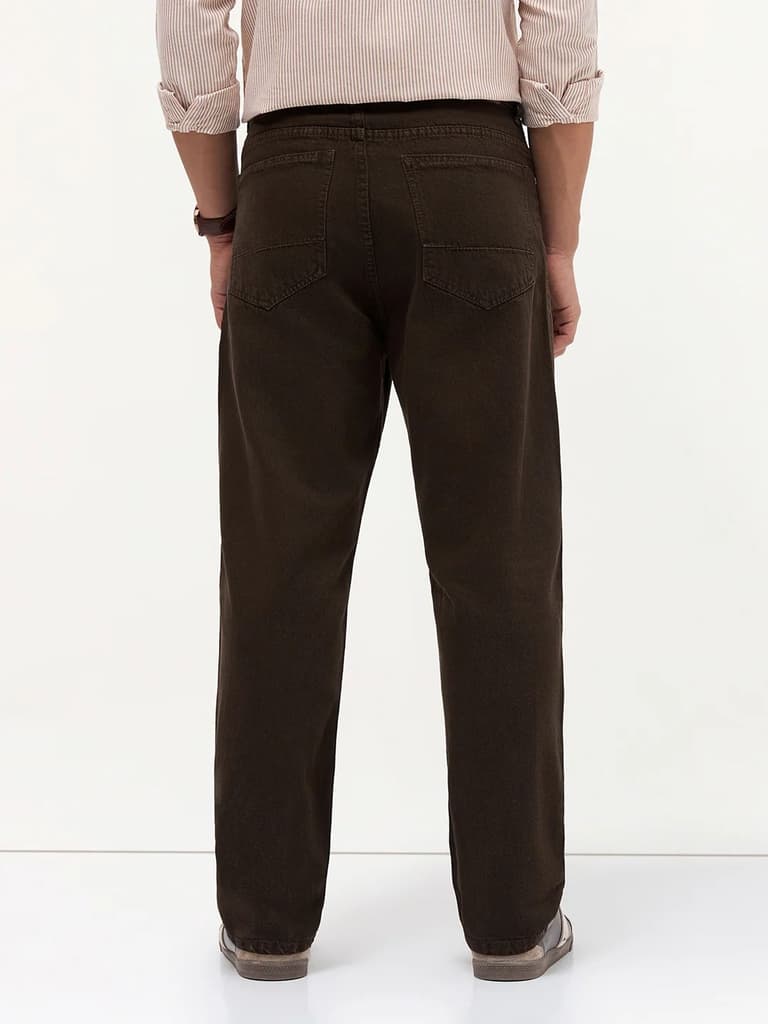 Men's Dark Brown Loose Baggy Fit Washed Denim Jeans Non-Stretchable — photo 3