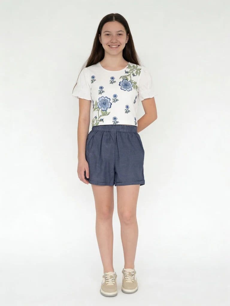 Utsa Kids Girls Blue Solid Cotton Shorts - (8-14 yrs)