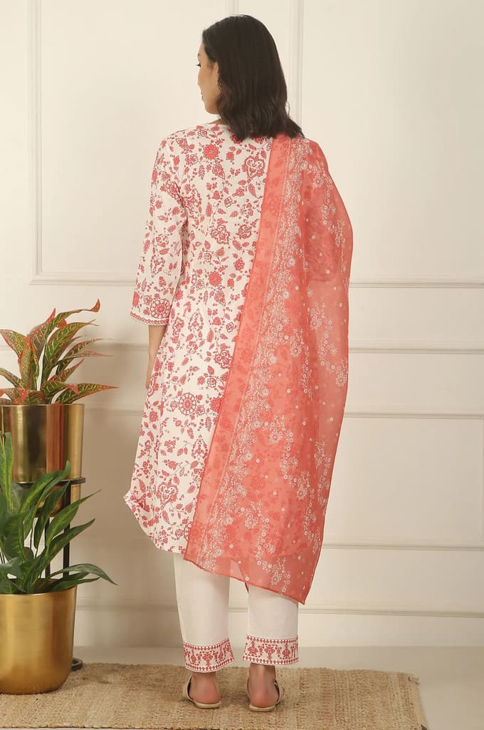 White and Orange Floral Printed Pure Cotton Flared Kurta, Pants and Dupatta Set — photo 10