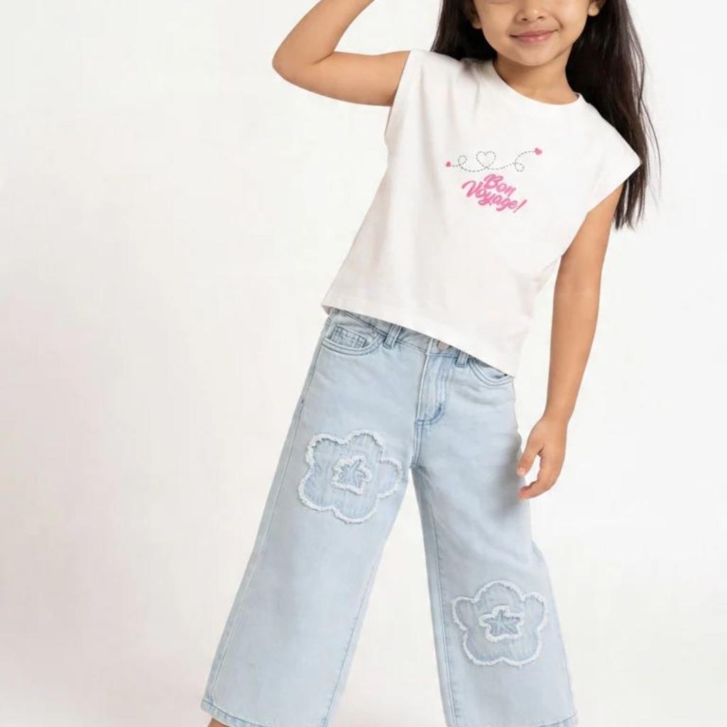 HOP Kids Girls Blue Floral High-Rise Relaxed-Fit Jeans