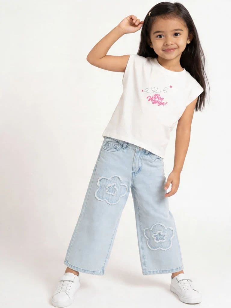 HOP Kids Girls Blue Floral High-Rise Relaxed-Fit Jeans