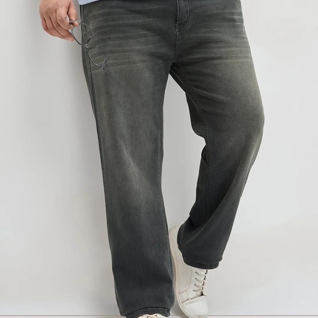 Plus Men's Dark Grey Regular Fit Whisker Washed Yellow Tint Denim Jeans Stretchable