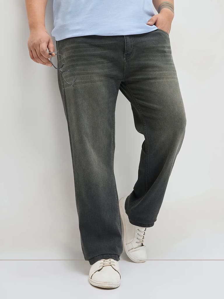 Plus Men's Dark Grey Regular Fit Whisker Washed Yellow Tint Denim Jeans Stretchable — 36 / Dark Grey