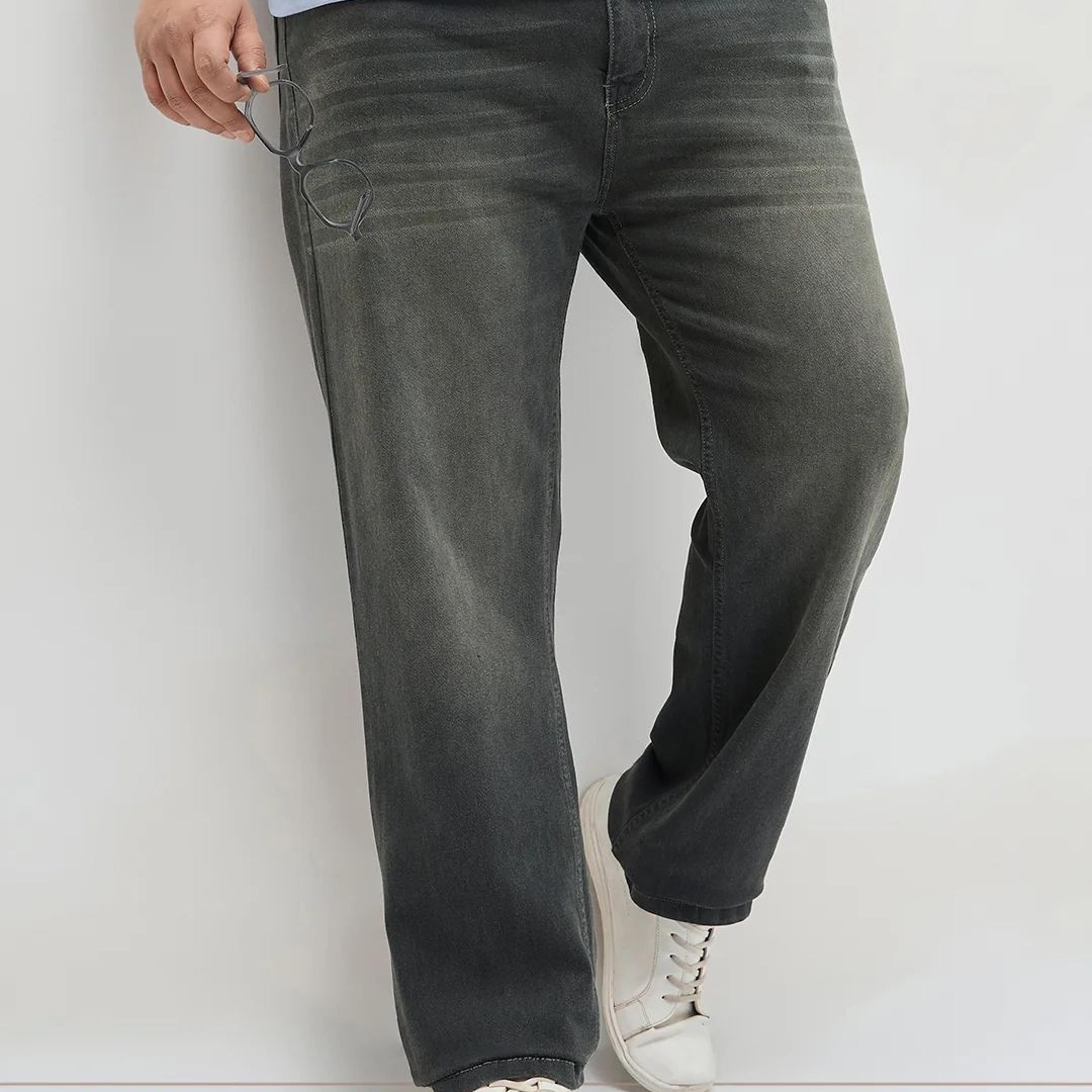 Plus Men's Dark Grey Regular Fit Whisker Washed Yellow Tint Denim Jeans Stretchable