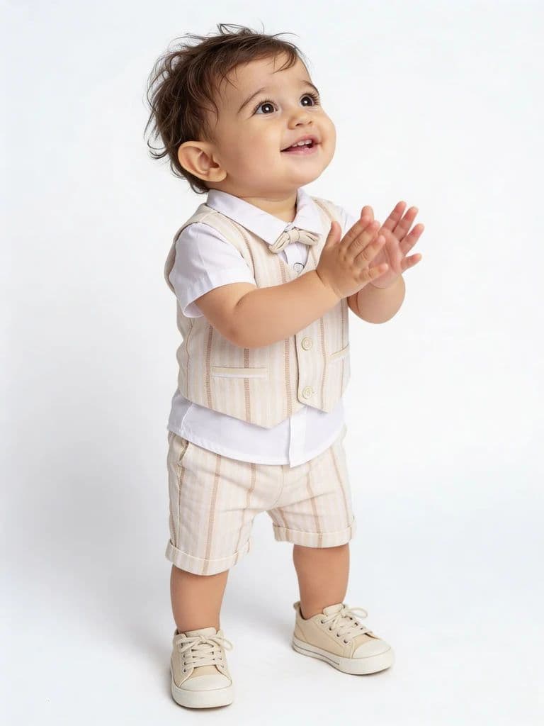HOP Baby Boys Multicolour Striped Cotton T-Shirt, Shorts, Waistcoat and Bow Set