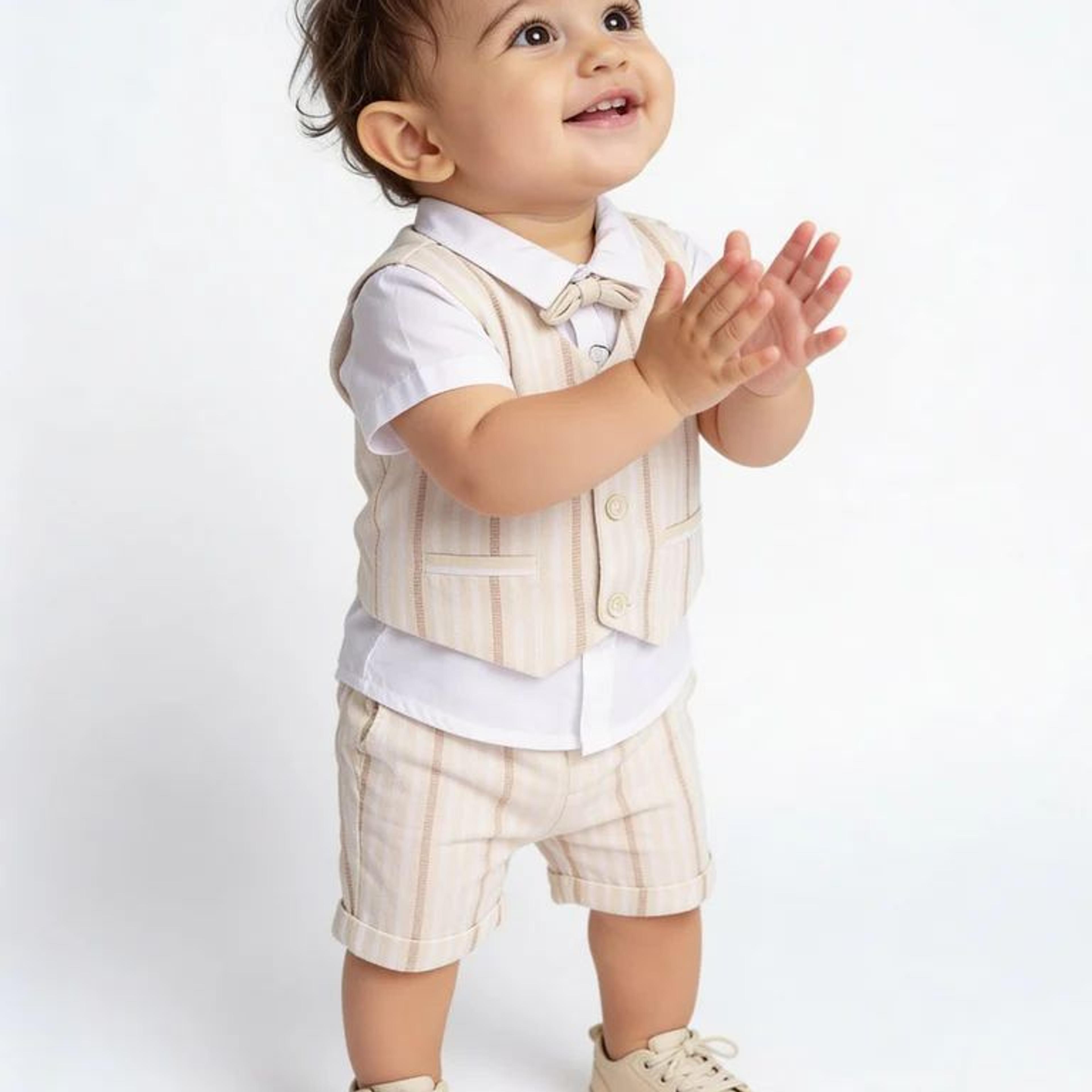 HOP Baby Boys Multicolour Striped Cotton T-Shirt, Shorts, Waistcoat and Bow Set