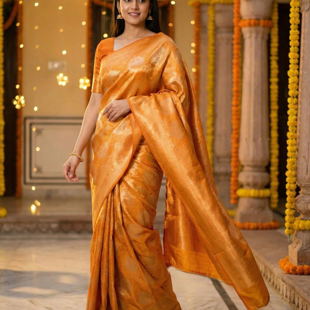 MIMOSA Women's Woven Design Kanjivaram Style Art Silk Saree with Blouse Piece - Mustard ( SA00002246MSFREE )
