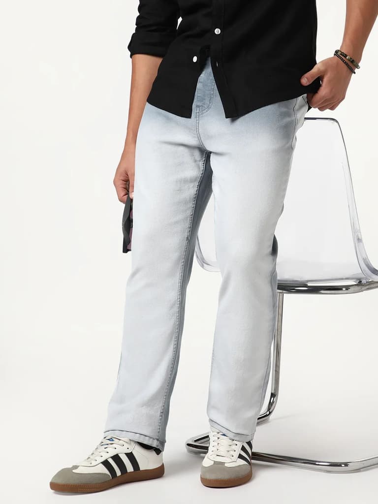 Men's Light Grey Straight Fit Heavy Washed Faded Denim Jeans Stretchable — photo 2