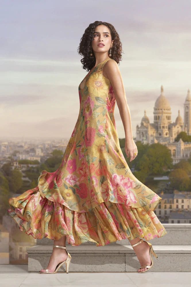 Yellow Floral Printed Flared Dress — XS