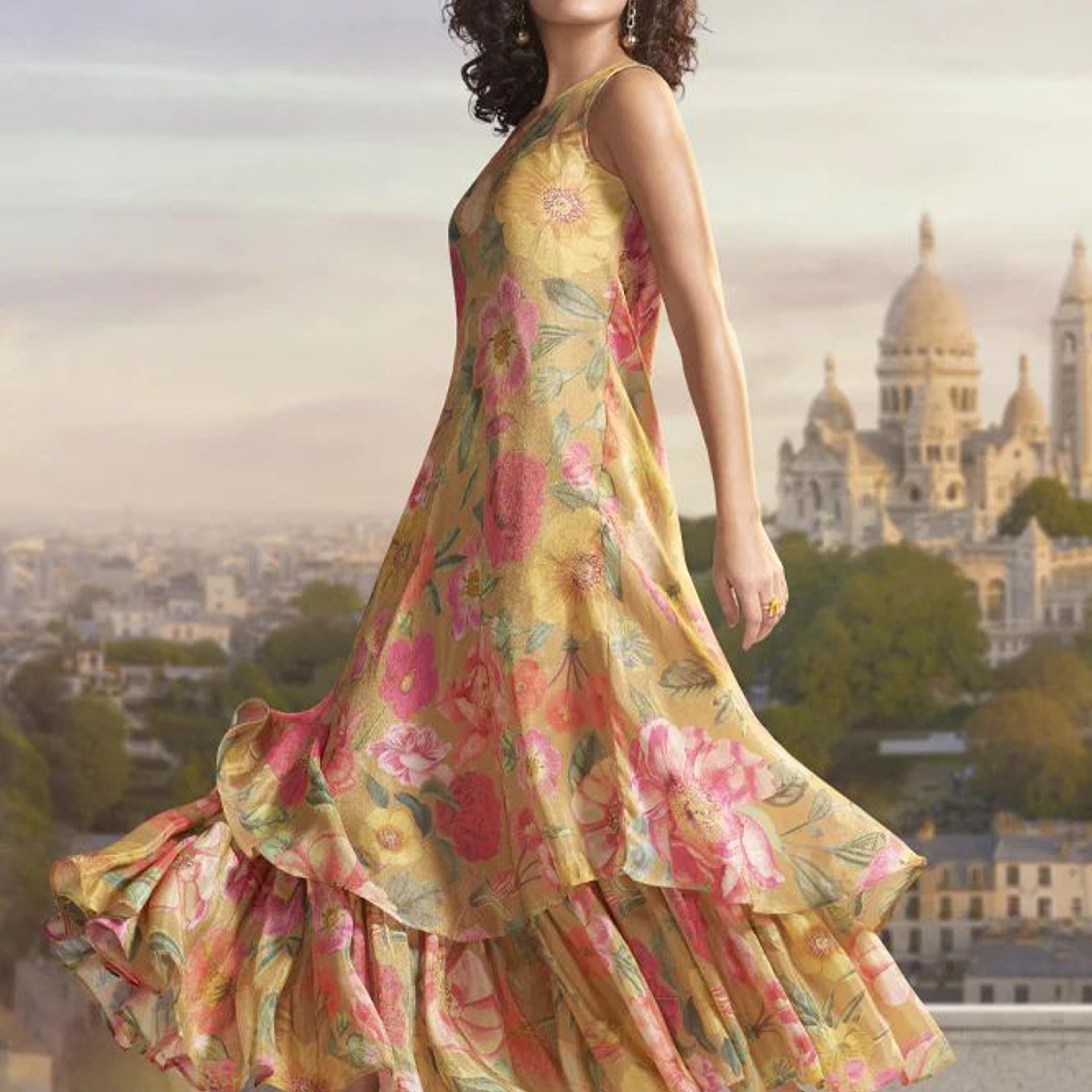 Yellow Floral Printed Flared Dress