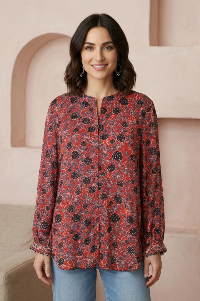 Red Ajrak Printed Modal Satin Straight Top — XS