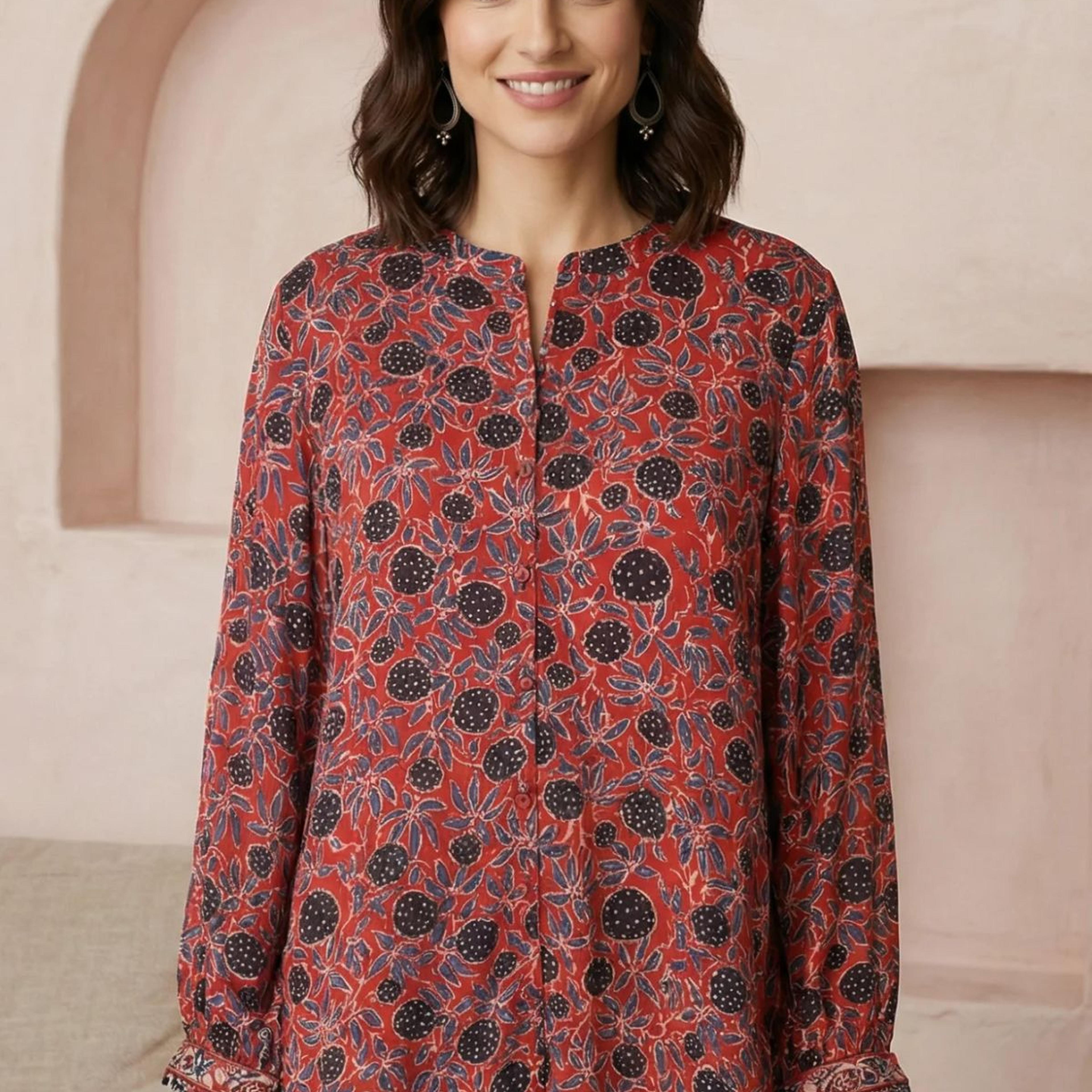 Red Ajrak Printed Modal Satin Straight Top