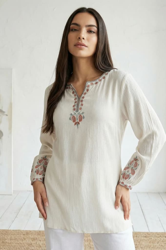 Off White Floral Embroidered Straight Top — photo 3
