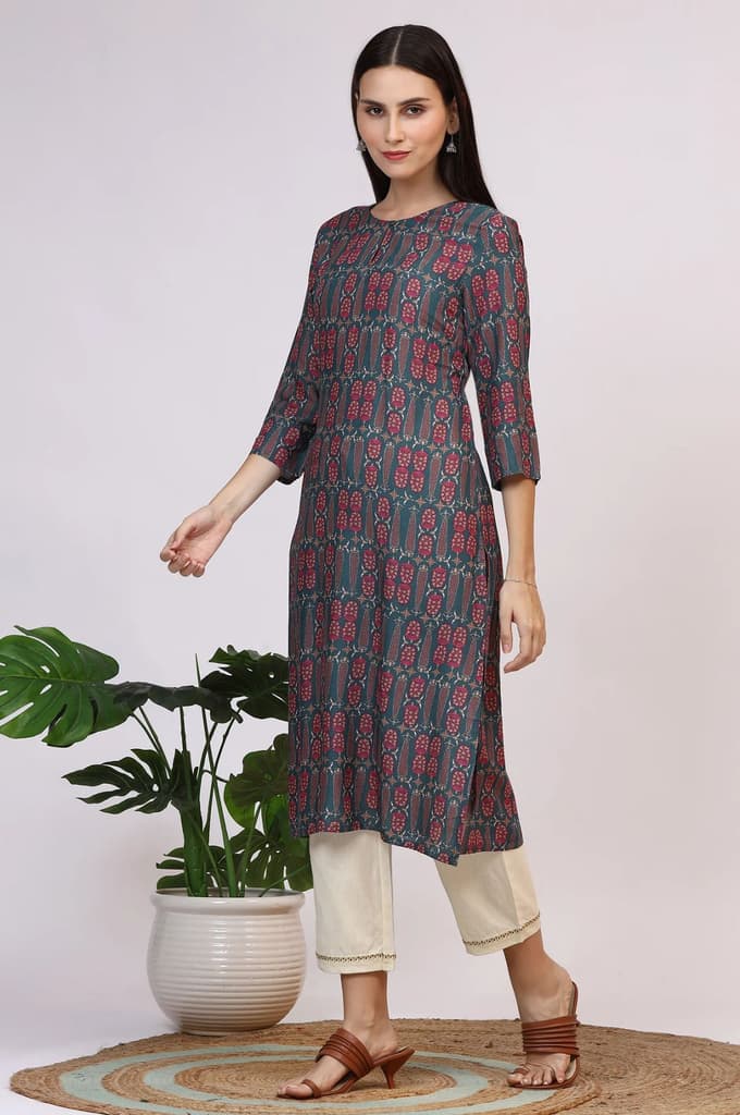Forest Green Paisley Printed Rayon Straight Kurta — photo 5