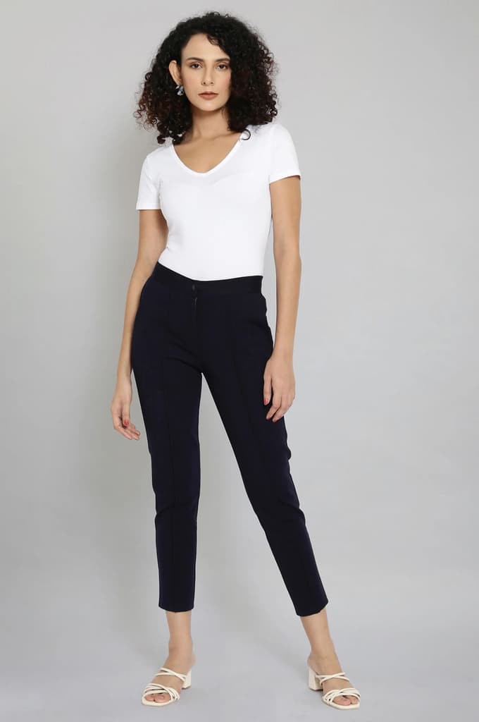 Navy Blue Solid Straight Fit Trousers With Pintuck Detail — photo 5