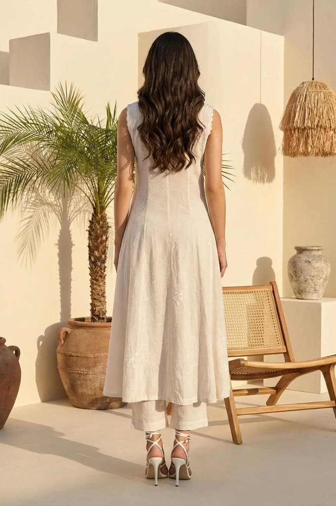 Off White Textured Rayon Blend Flared Kurta with Straight Pants Set — photo 4