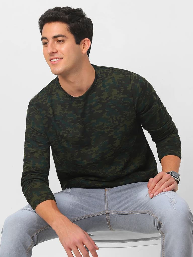 Men's Olive Green, Khaki Military Camouflage Printed Slim Fit Full Sleeve Cotton T-Shirt — photo 2