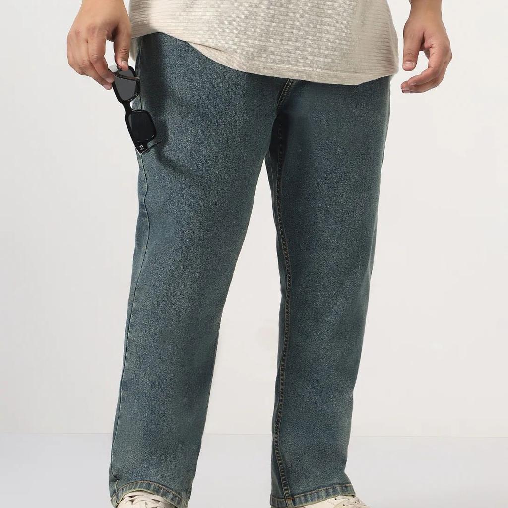 Plus Men's Light Blue Straight Fit Heavy Washed Jeans Stretchable