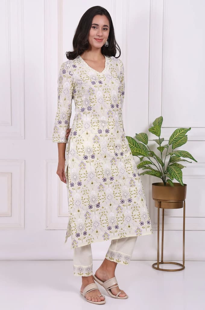 White Floral Printed Embroidered Pure Cotton Straight Kurta, Pants and Dupatta Set — photo 6